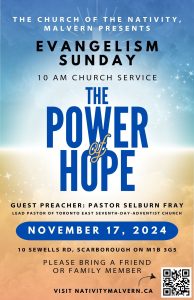 The power of hope flyer with navy blue title and blue and golden clouds background