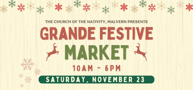 Muted red and green title saying Grande Festive Market 10am to 6pm and date