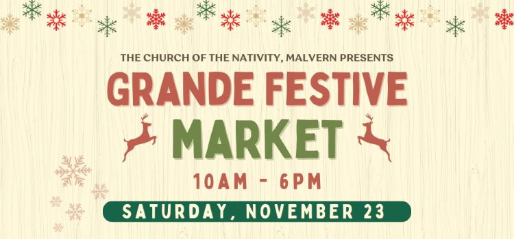 Muted red and green title saying Grande Festive Market 10am to 6pm and date