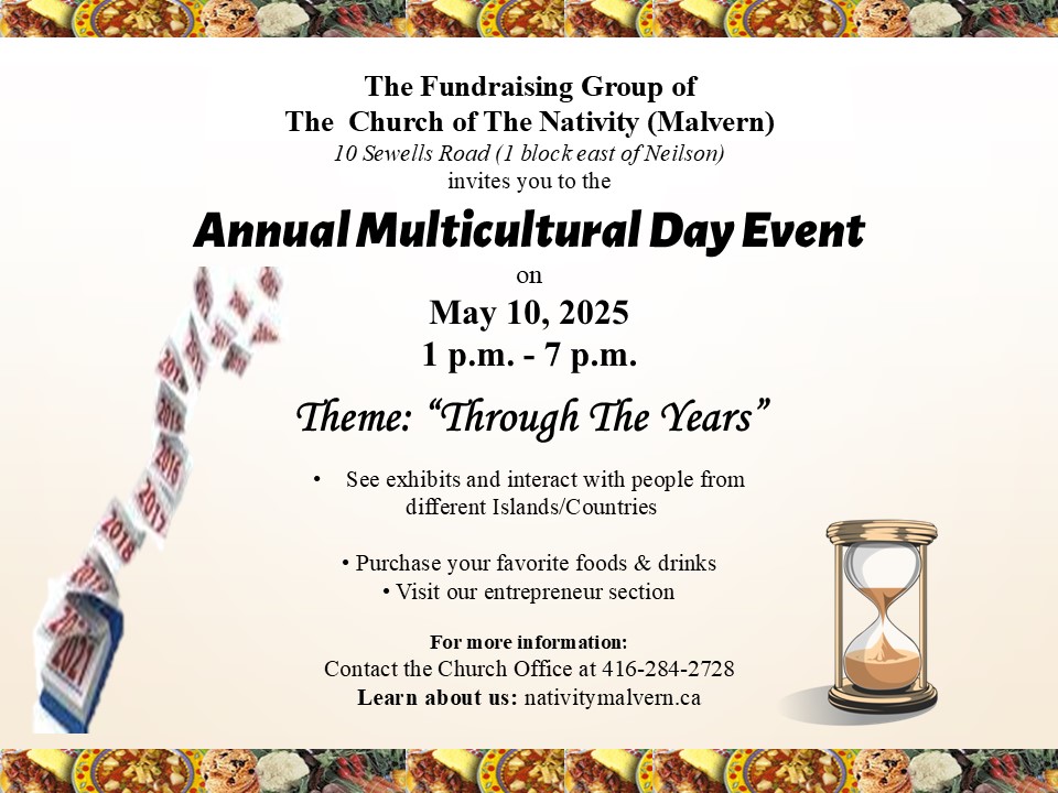 Annual multicultural day flyer with a graphic of calendar pages flying away and an hourglass