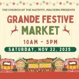 Event banner for Grande Festive Market - holiday themed with dates/time Sat Nov 22 2025 from 10am to 5pm