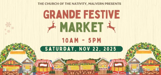 Event banner for Grande Festive Market - holiday themed with dates/time Sat Nov 22 2025 from 10am to 5pm